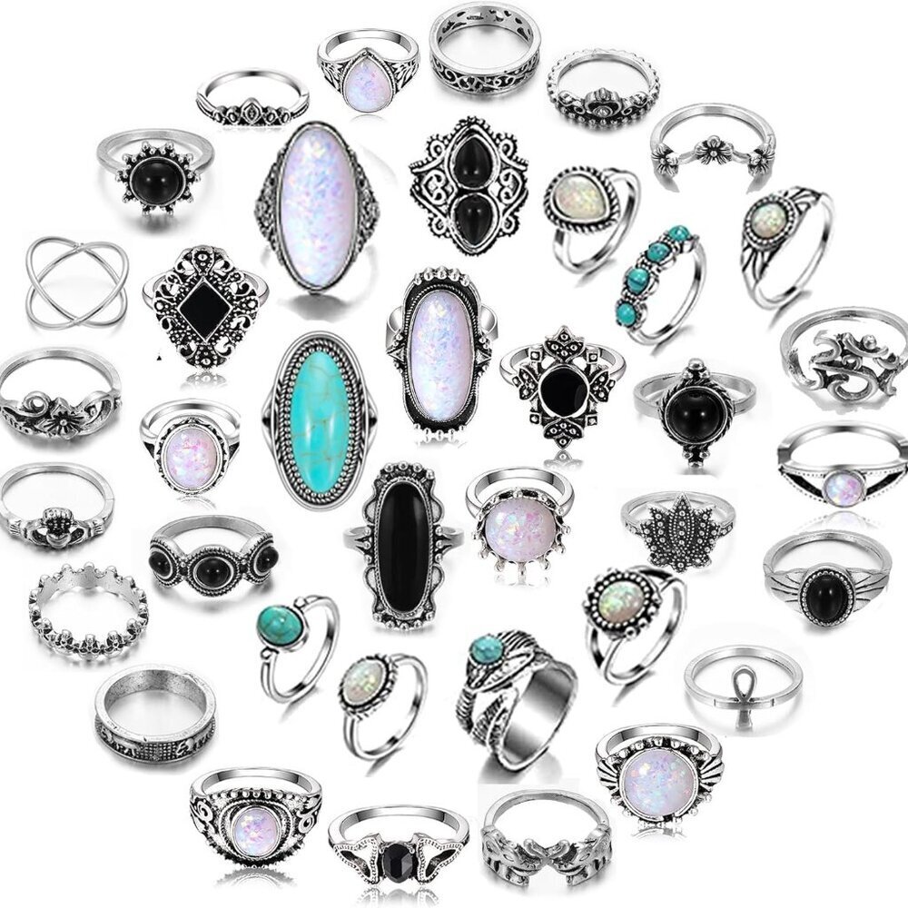 Vintage Silver Knuckle Rings Set for Women Western Turquoise Rings Bohemian Midi